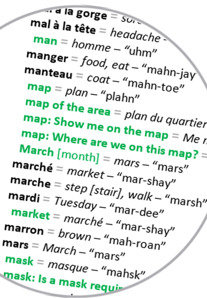 Close-up excerpt of the phrasebook